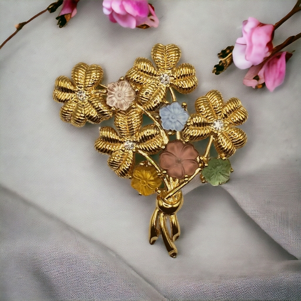 Vintage Signed Monet Gold Tone and Frosted Glass Flower Boquet Brooch